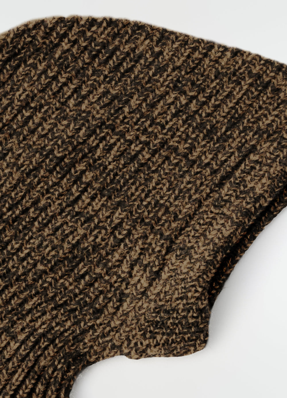 Balaclava in brown alpaca and yak wool blend knit by LEMAIRE close-up detail on white background
