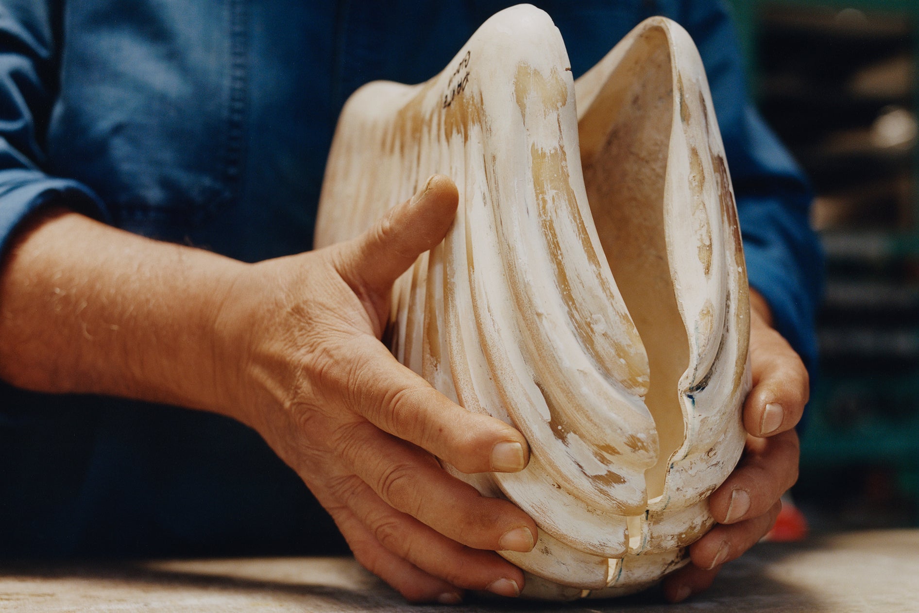 Ceramic vase in White and beige ceramic, Front detail view Textured abstract design