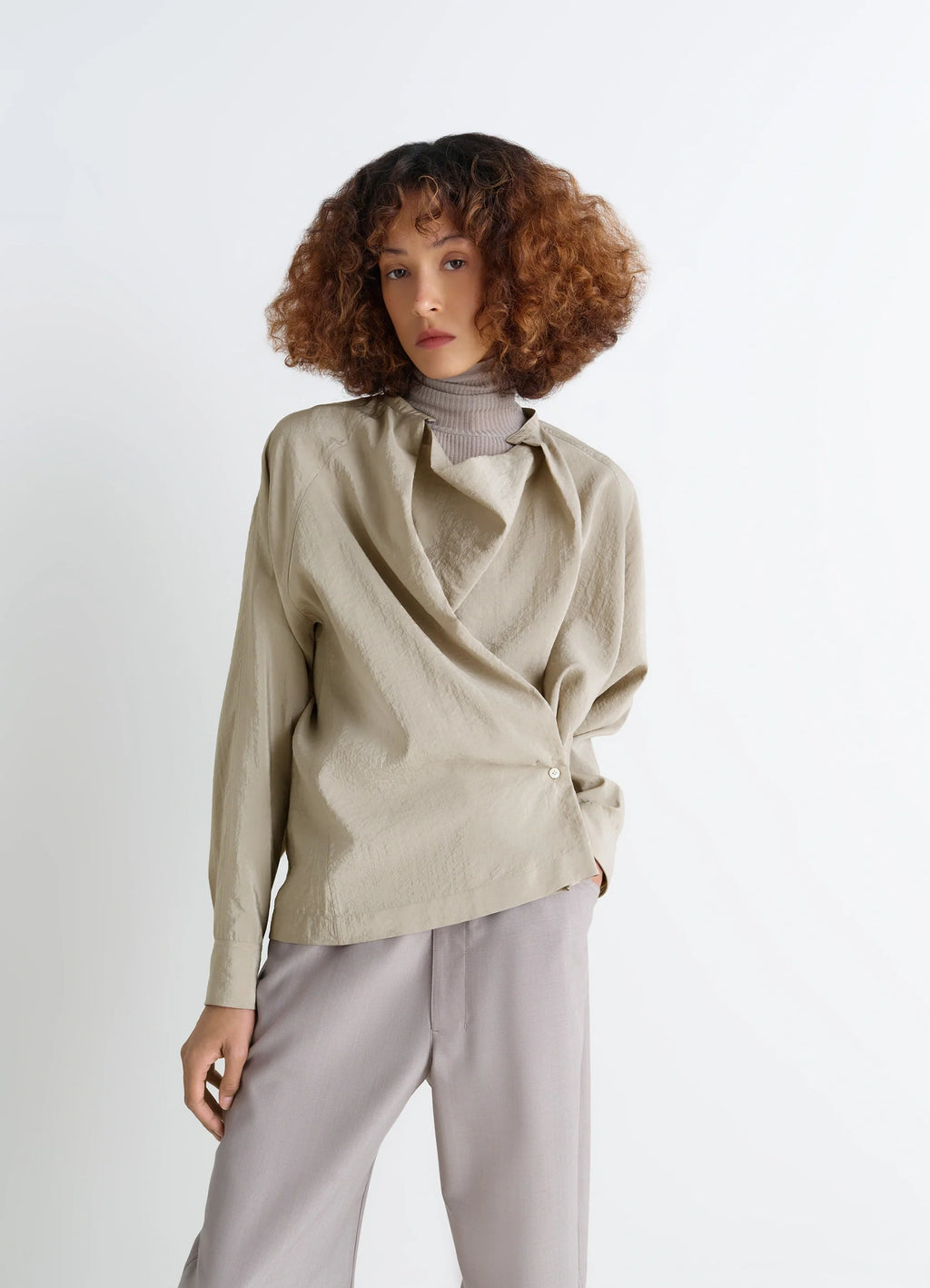 Lemaire Twisted Top in Dry Silk Blend, model shot, Front view Long-sleeved, twisted design