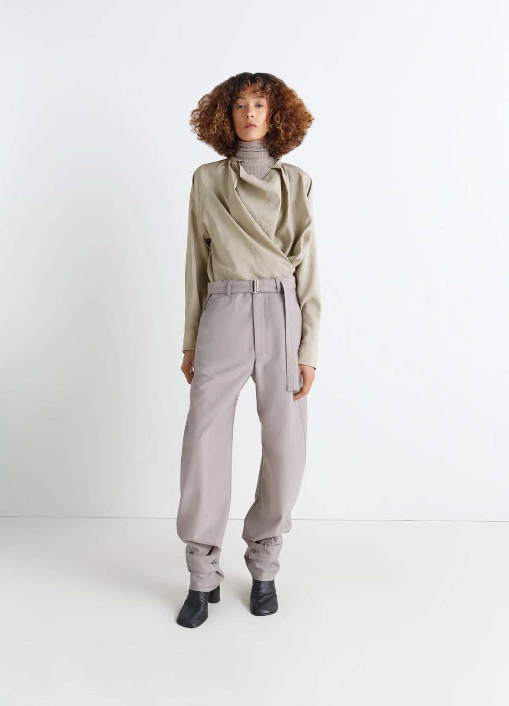 Lemaire Twisted Top in Dry Silk Blend, model shot, full body porte draped neckline