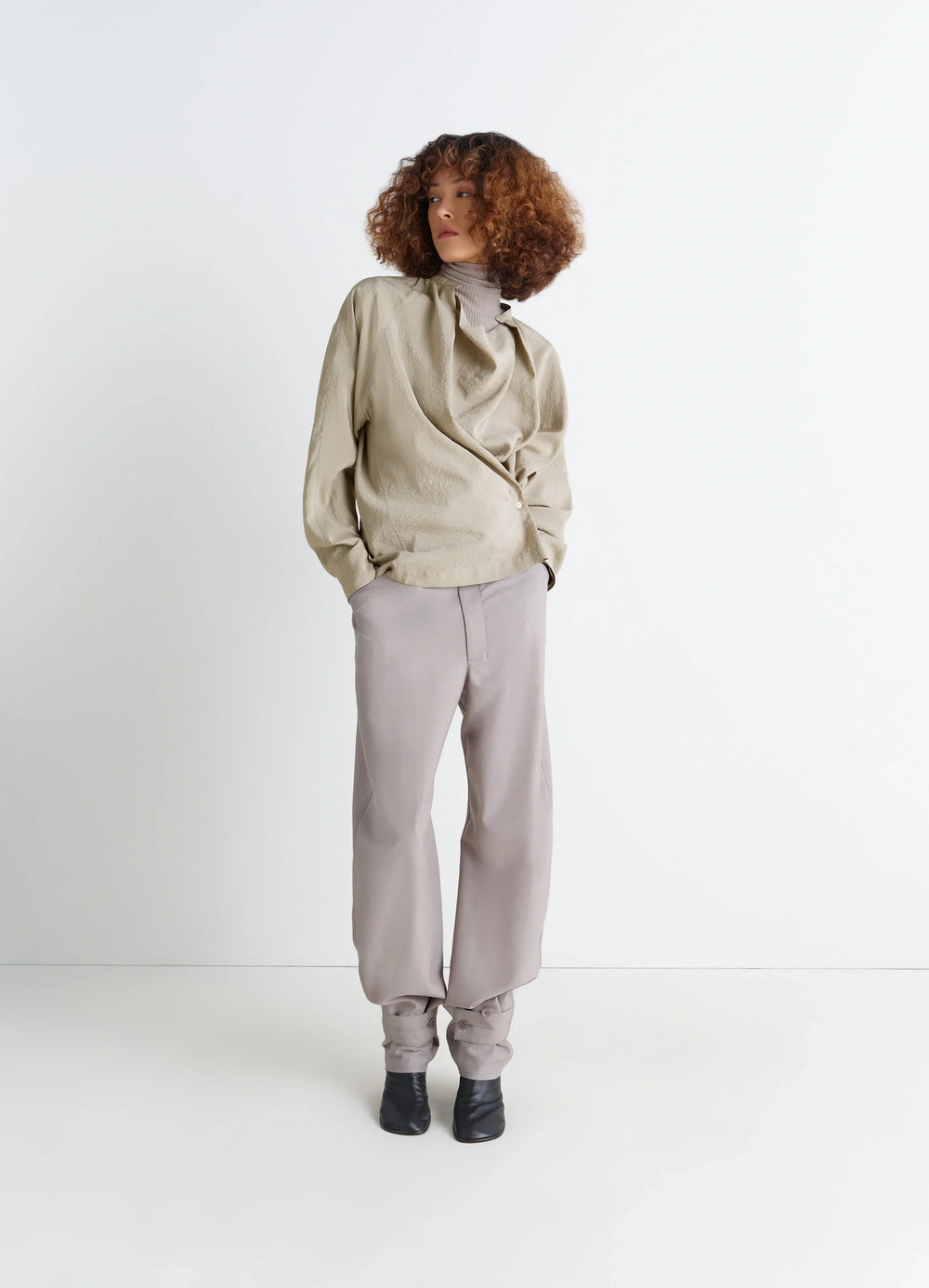 Lemaire Twisted Top in Dry Silk Blend, model shot, standing side view soft drape wrap