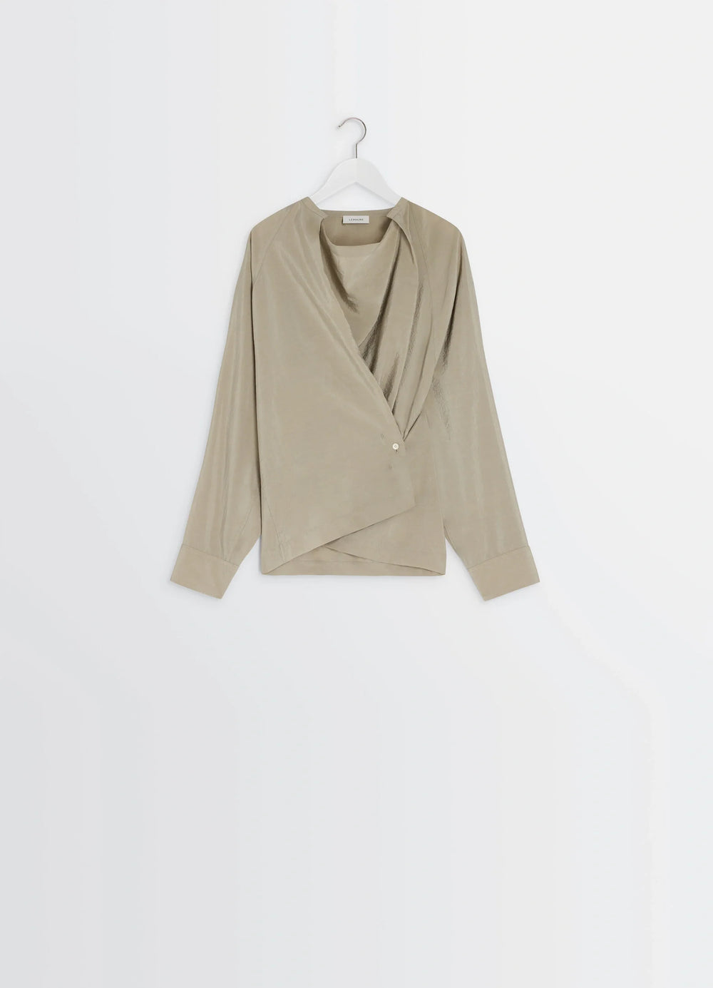 Lemaire Twisted Top in Dry Silk Blend, product shot, hung on hanger overlapping front flap