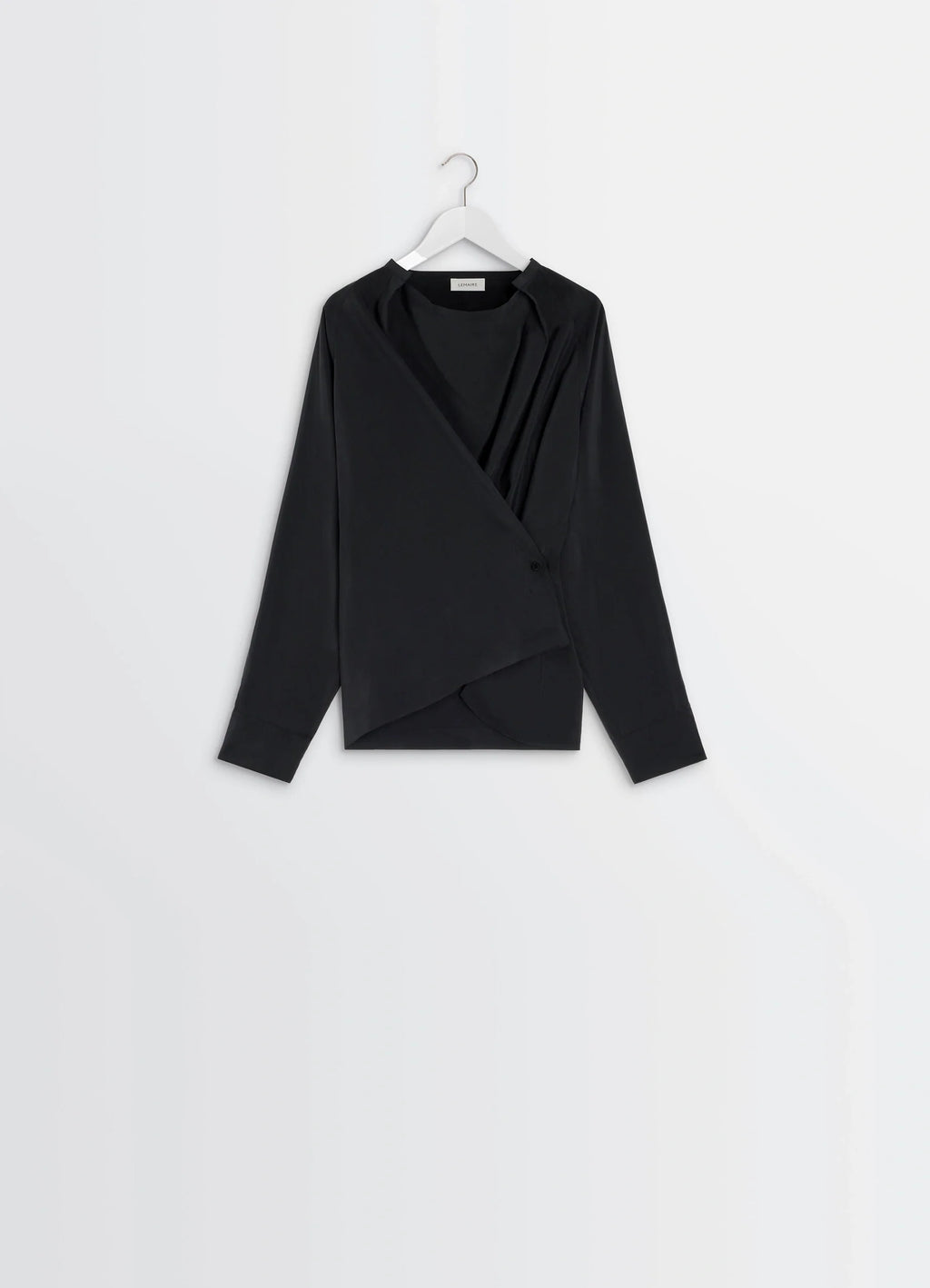 Lemaire Twisted Top in Black Dry Silk Blend, product shot, angled hanging view asymmetrical draped twist