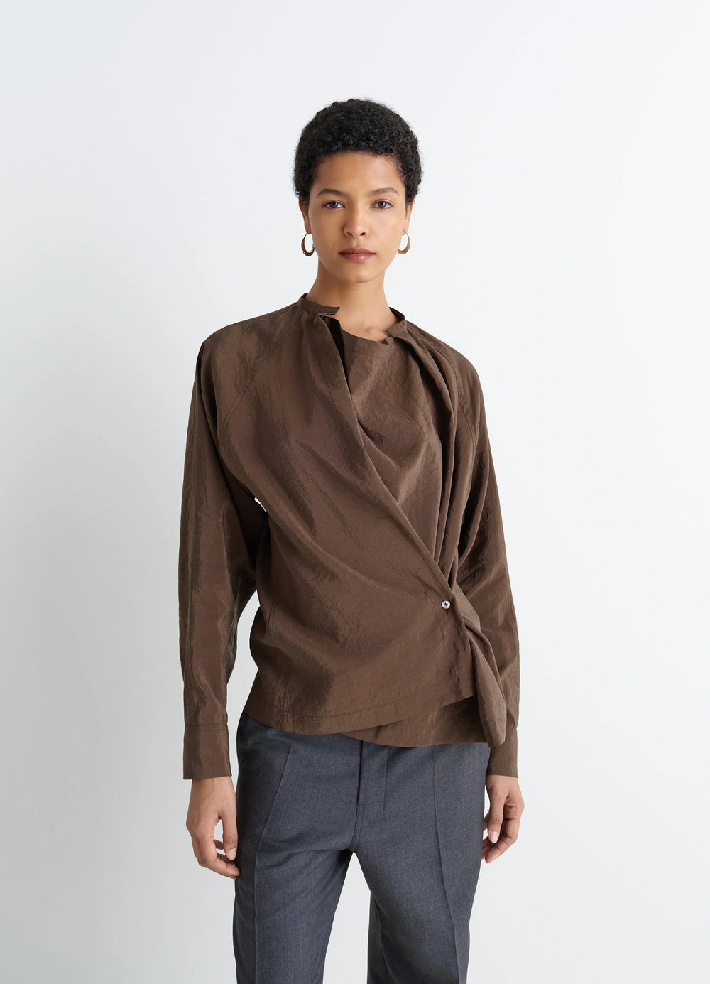 Lemaire Twisted Top in Brown Dry Silk Blend, model shot, Front view Twisted drape