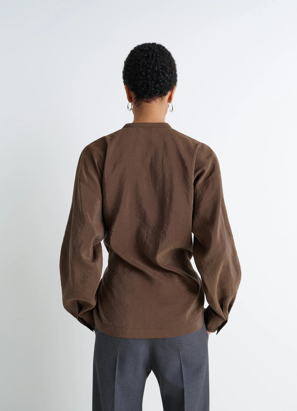 Lemaire Twisted Top in Brown Dry Silk Blend, model shot, back view soft draped back