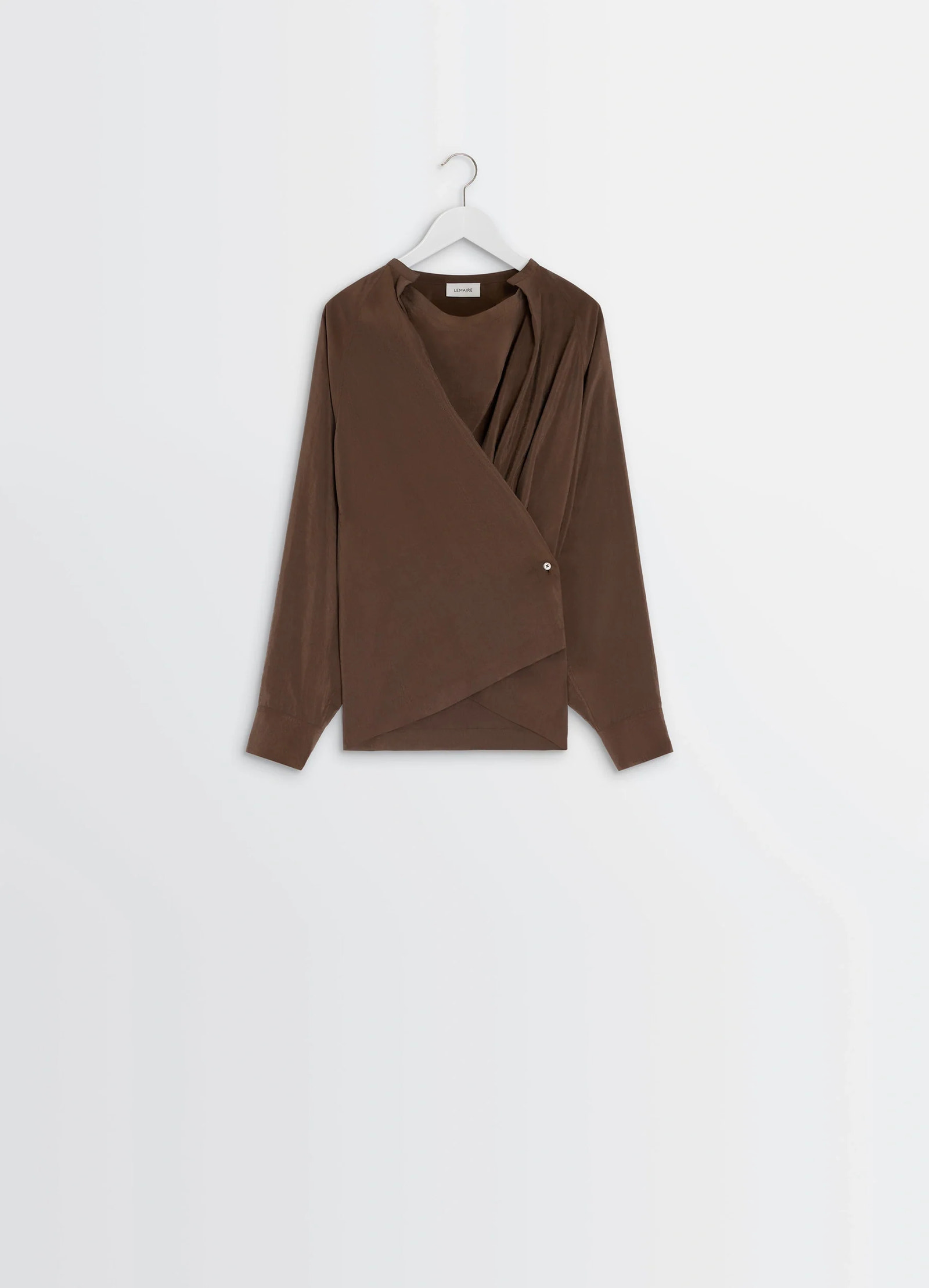 Lemaire twisted top in brown dry silk blend, product shot, hanger view overlapping front panels