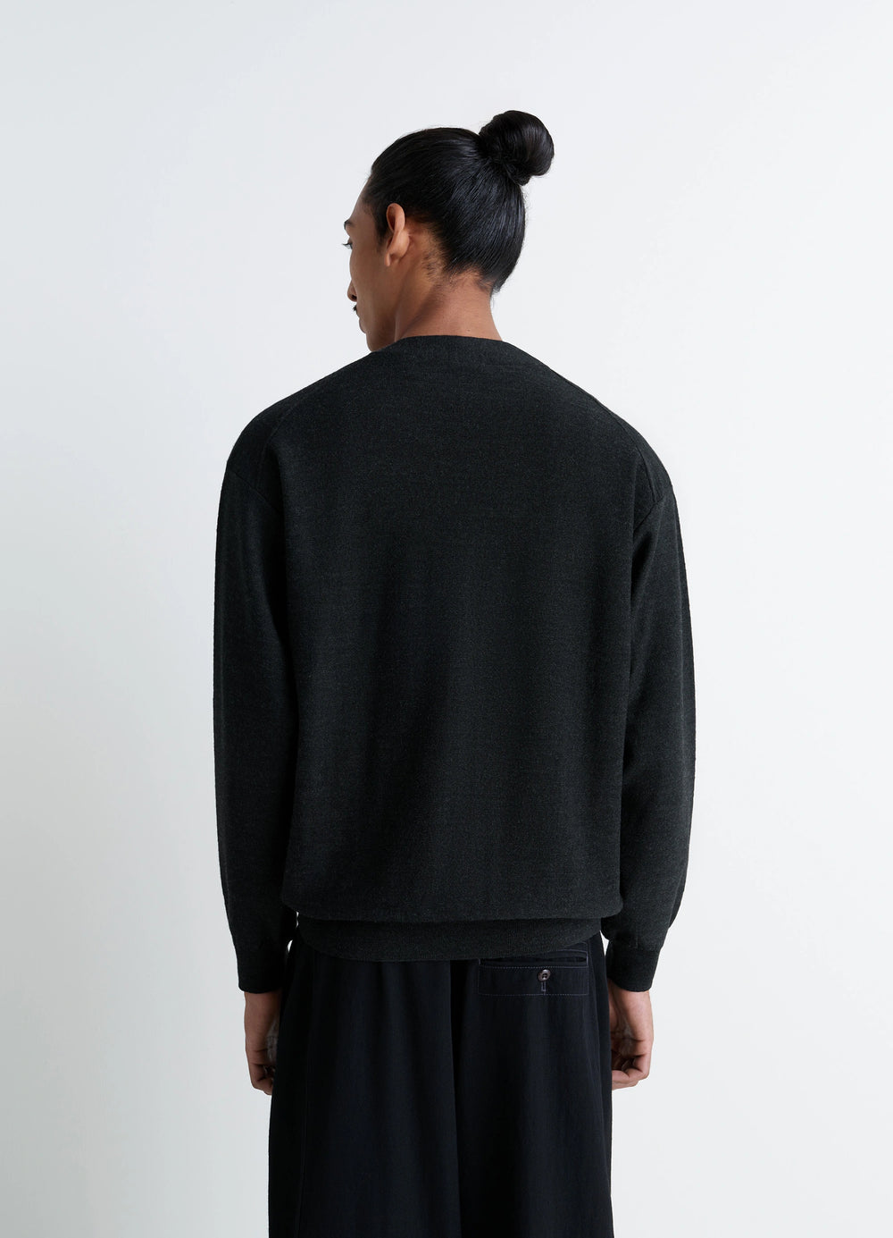 Lemaire Relaxed Twisted Cardigan in Blended merino wool, model shot, back view straight hem