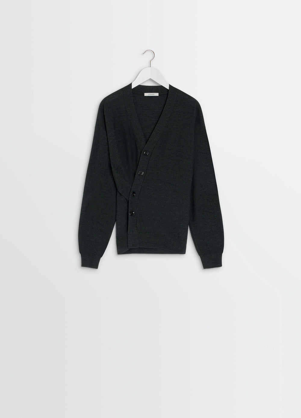 Lemaire Relaxed Twisted Cardigan in Blended merino wool, product shot, hanging display view asymmetrical mid-button closure
