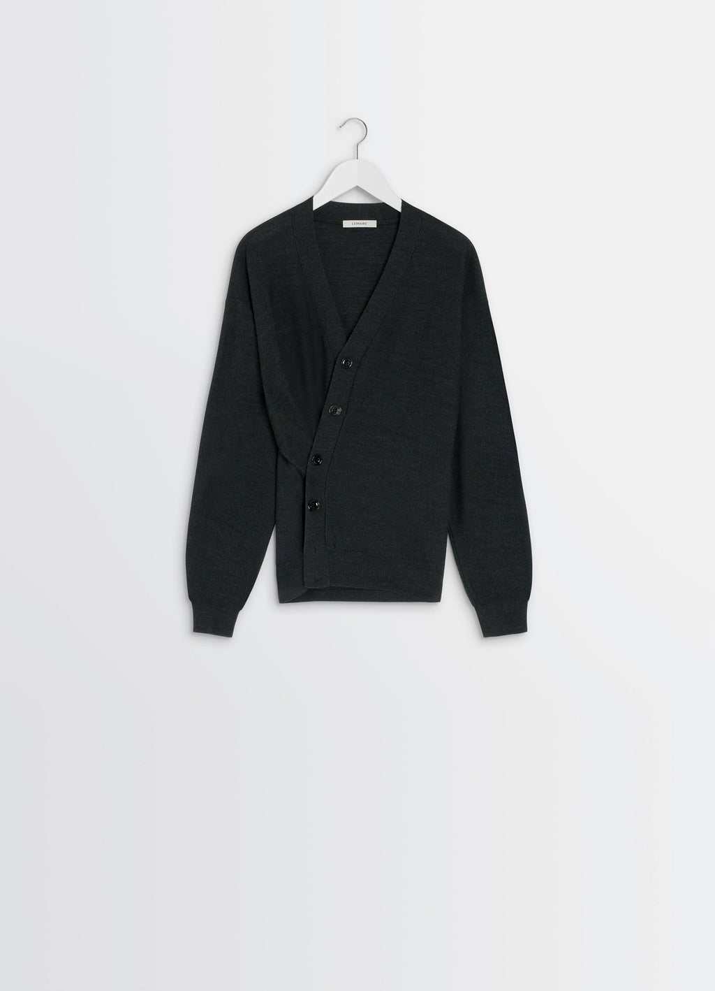 Lemaire Relaxed Twisted Cardigan in Blended merino wool, product shot, hanging display view asymmetrical mid-button closure