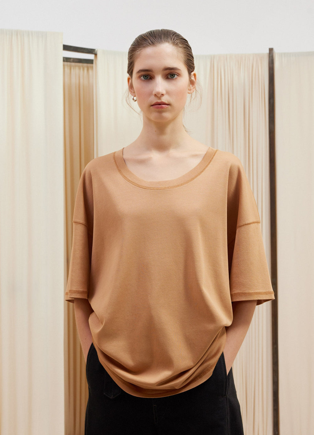 Lemaire Rib T-Shirt in Mid-weight Jersey, model shot, Front view Loose cut, dropped shoulders