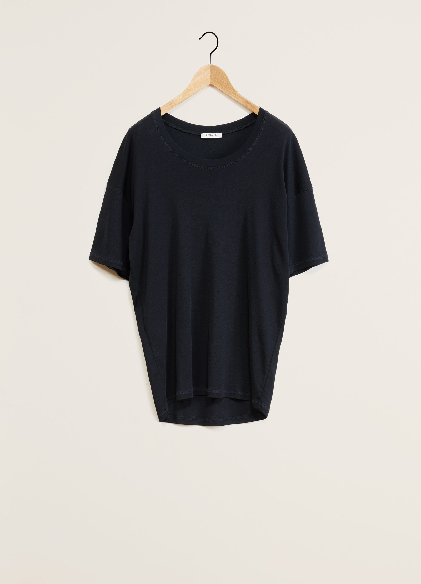 Lemaire rib t-shirt in black mid-weight jersey, product shot, hanger view round neckline, short sleeves