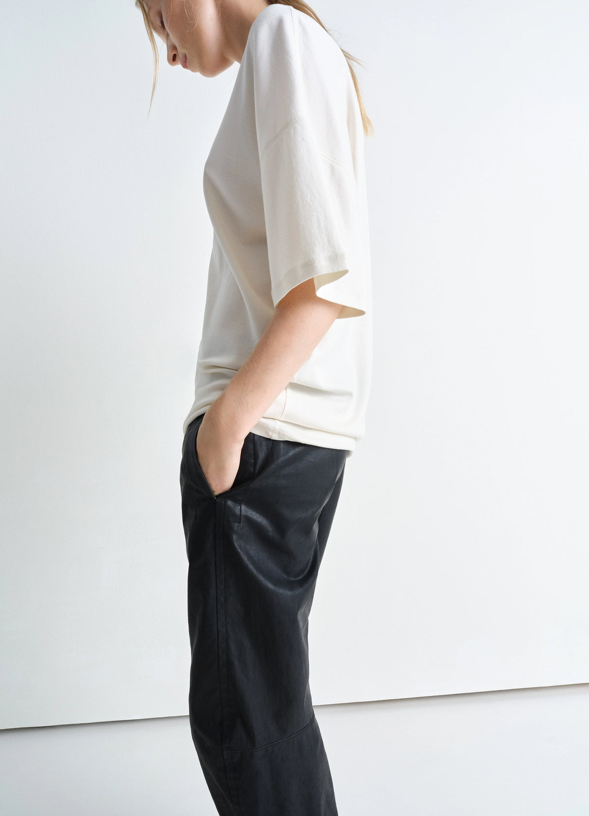RIB COLLAR T-SHIRT IN RIB JERSEY - Light Cream - Rib Jersey