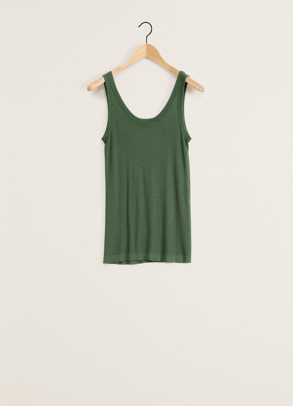 Lemaire Seamless Rib Tank Top in Green Viscose Silk, product shot, Front view Fitted shape