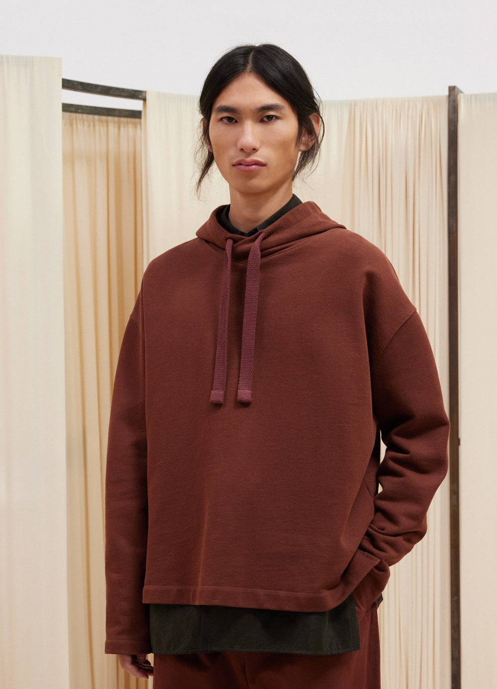 Lemaire Minimal Hoodie in Soft Cotton Linen Blend, model shot, Front View Relaxed Fit, Hooded