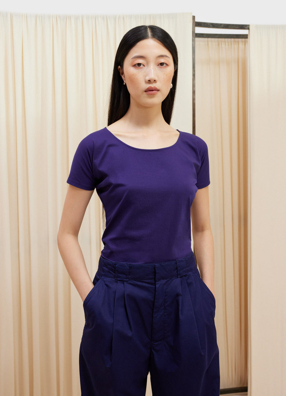 Lemaire Second Skin Short Sleeve T- in Purple Cotton Jersey, model shot, Front view Fitted shape