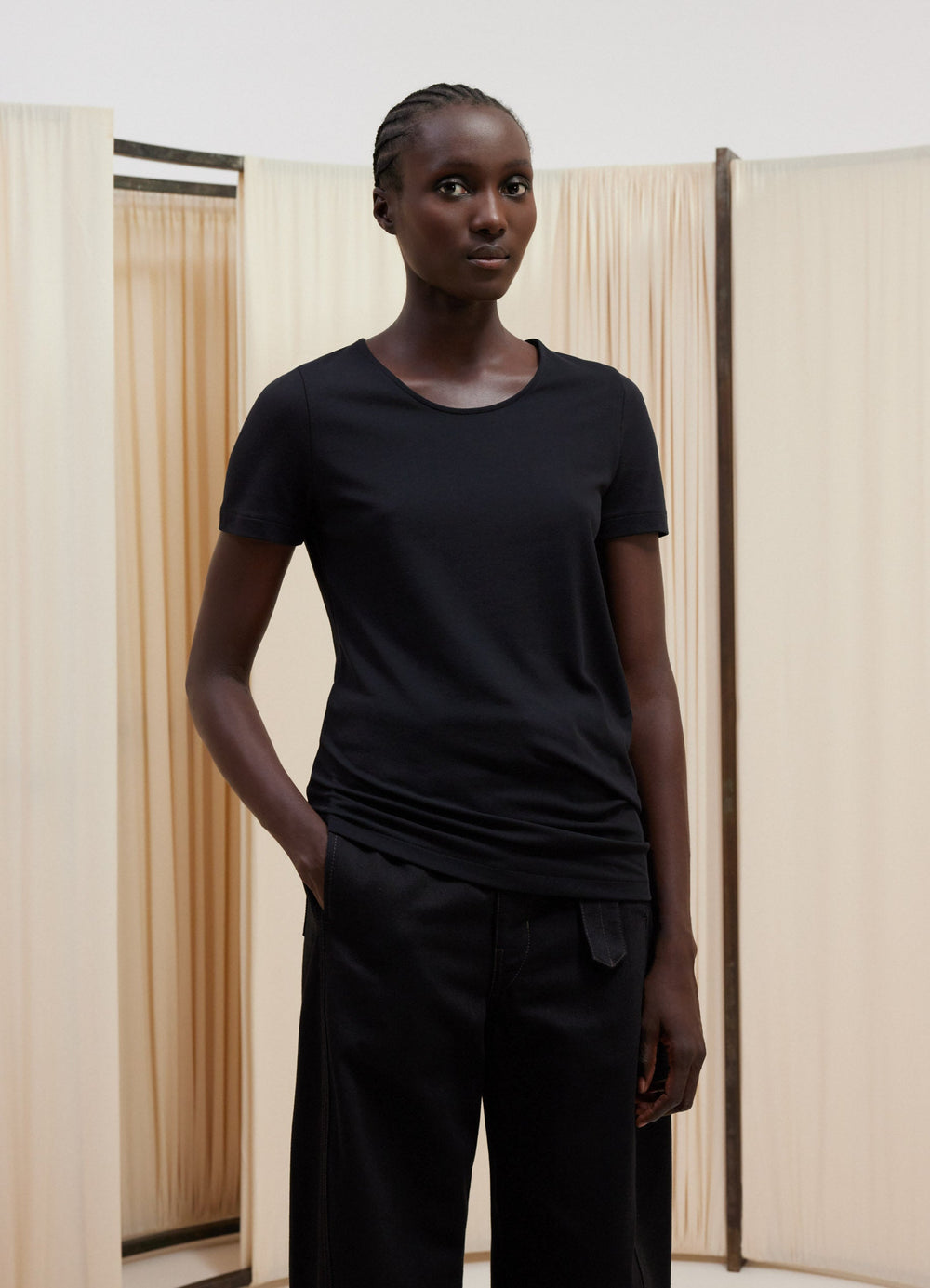 Lemaire Twisted T-Shirt in Crepe Jersey, model shot, front view loose-fitting, ribbed neck
