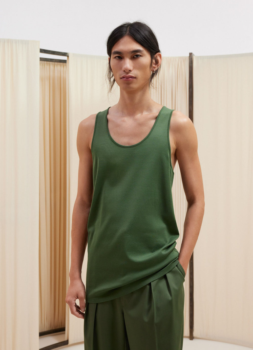 Lemaire Rib Débardeur in Midweight Jersey, model shot, Front view Fitted shape, scoop neck