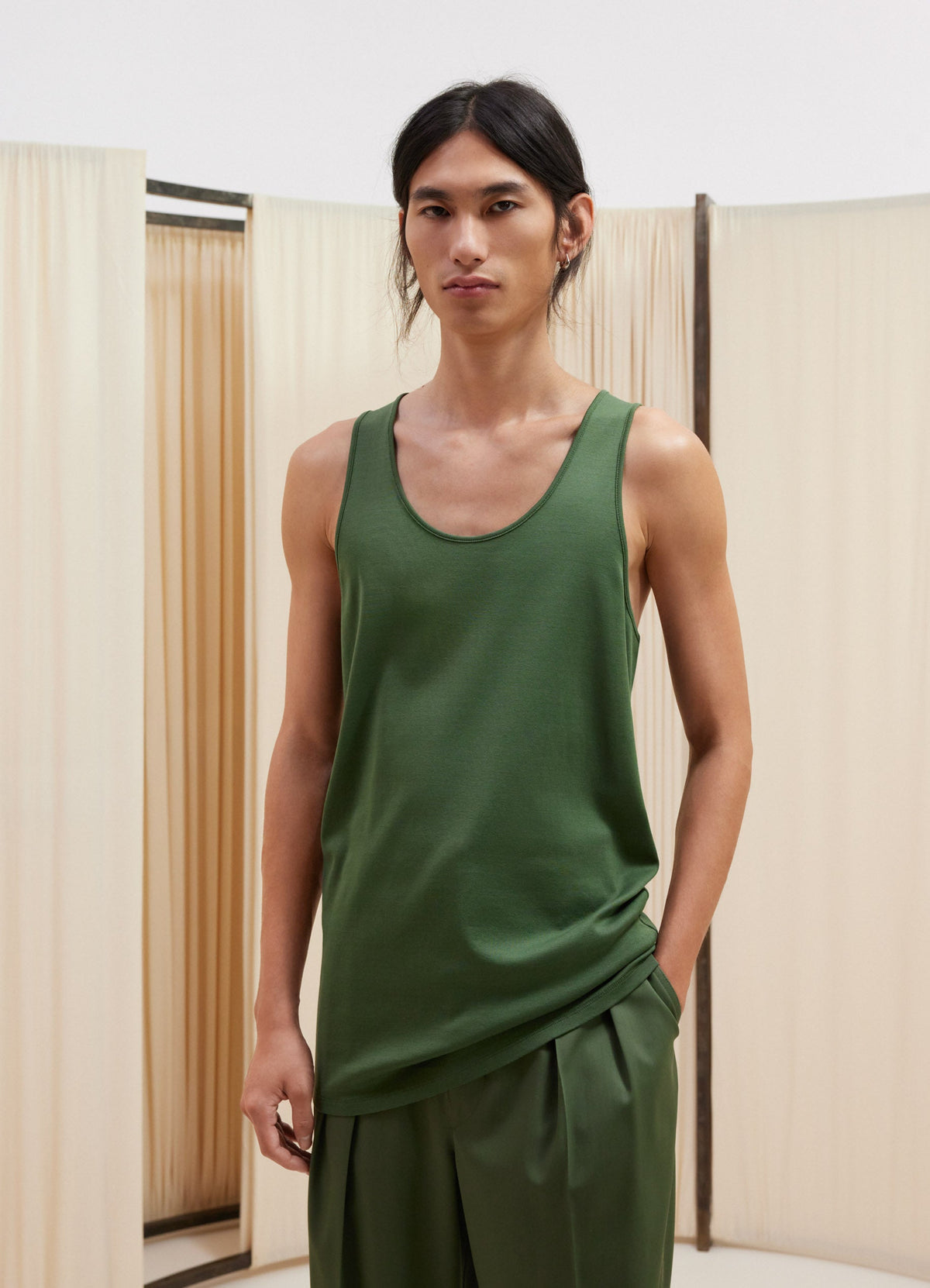 Lemaire Rib Débardeur in Midweight Jersey, model shot, Front view Fitted shape, scoop neck