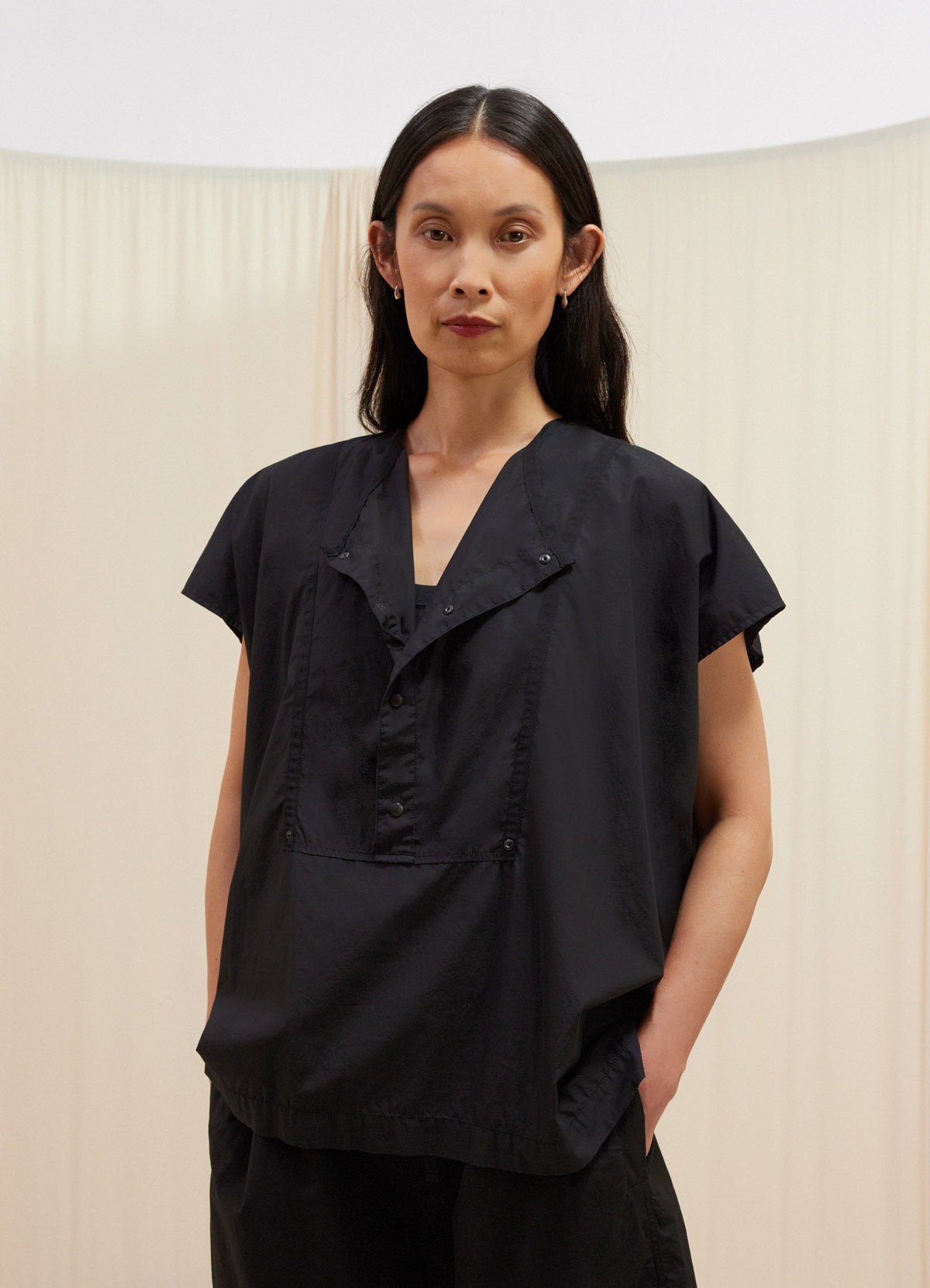 Lemaire Cap Sleeve Top with Snaps in Light Cotton Poplin, model shot, Front view Cowl neck with snaps