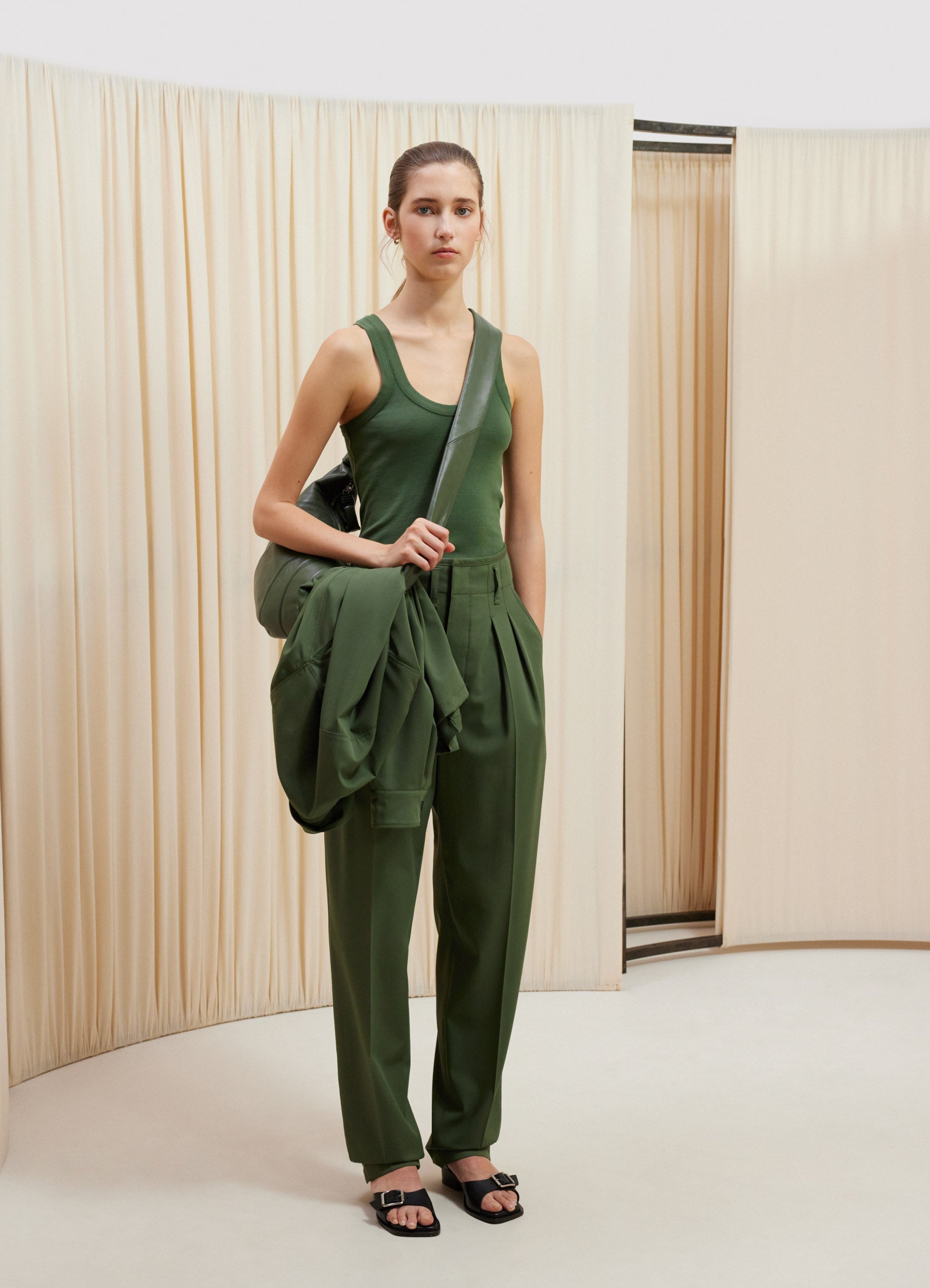 Smoky Green Tailored Pleated Pants in Light Wool | LEMAIRE