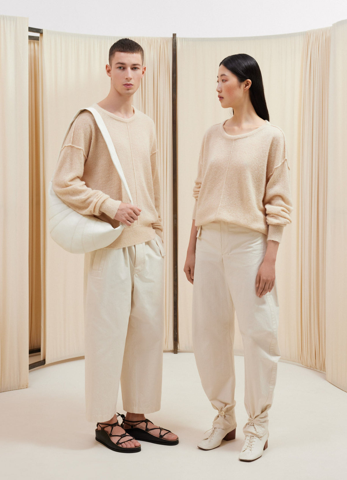 Lemaire Light Jumper in Alpaca Wool Beige, model shot, front view round shape rib finish
