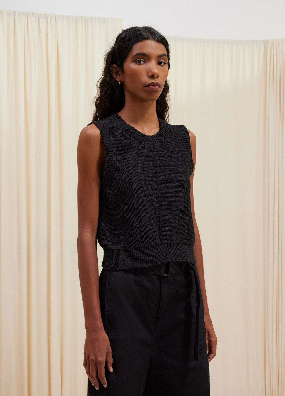 Lemaire Sleeveless Cropped Sweater in Silky Pima Cotton, model shot, Front side view Sleeveless crew neck