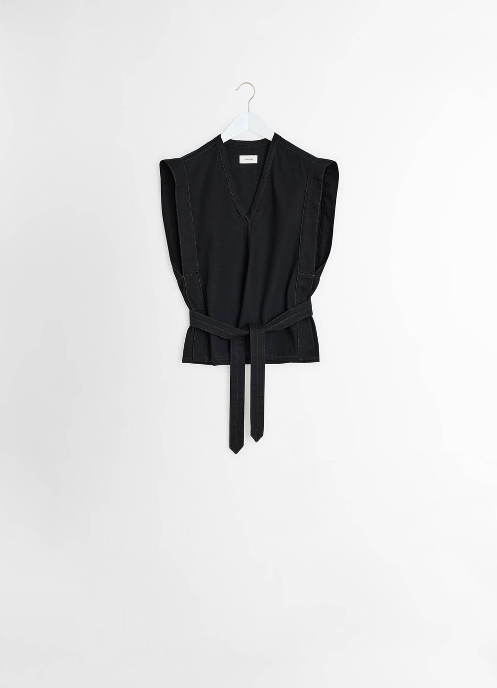 Lemaire Chasuble in Deep Black Twill Denim, product shot, side detail sleeveless with belt
