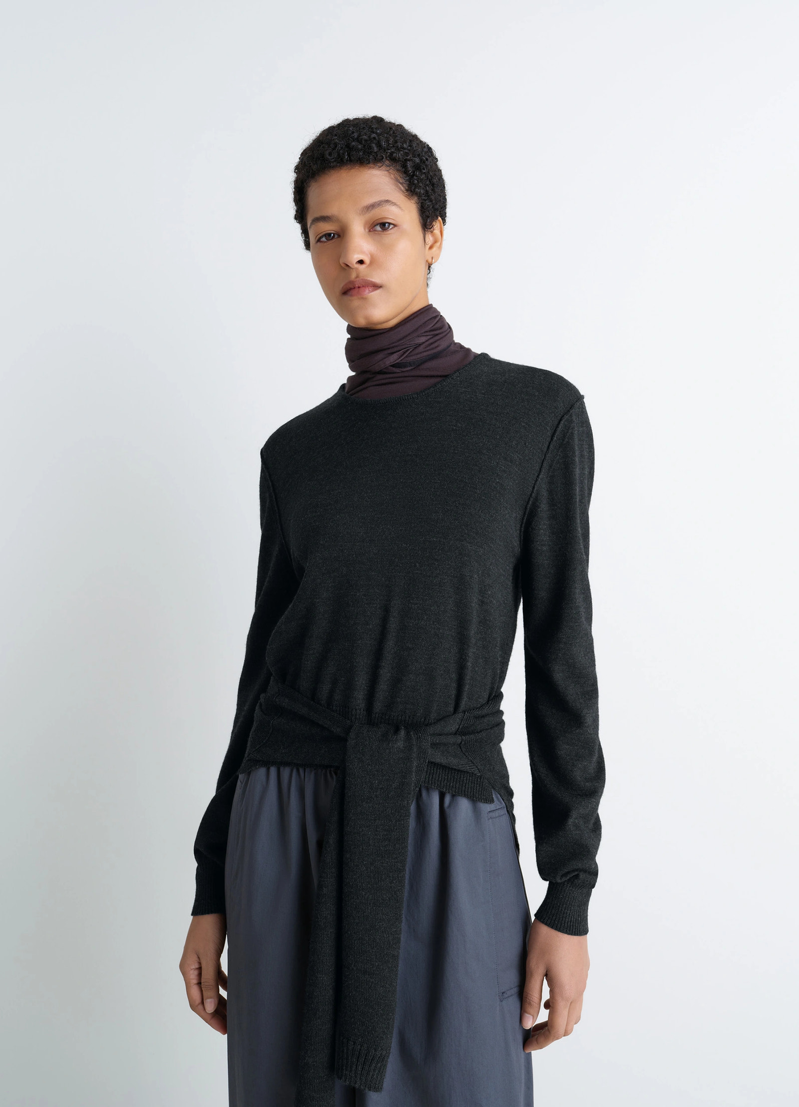 Lemaire trompe loeil jumper in blended merino wool, model shot, front view sweater-style tie-back