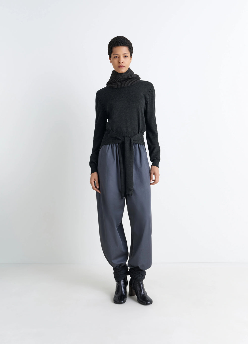Lemaire Trompe LOeil Jumper in Blended Merino Wool, model shot, full body view turtleneck styling