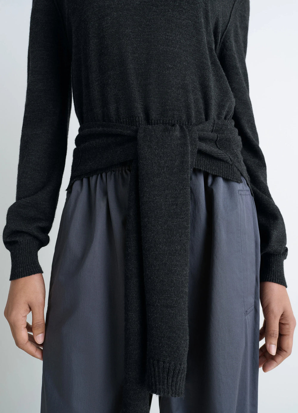 Lemaire Trompe LOeil Jumper in Blended Merino Wool, model shot, waist-level shot tie feature closeup