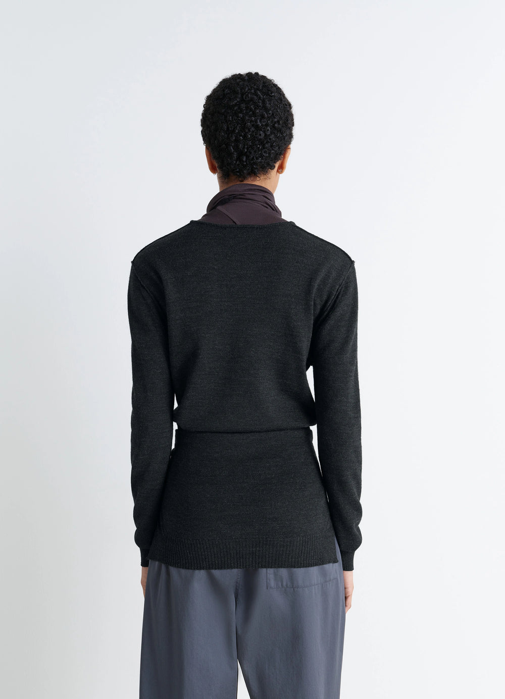 Lemaire Trompe LOeil Jumper in Blended Merino Wool, model shot, back view ribbed hem