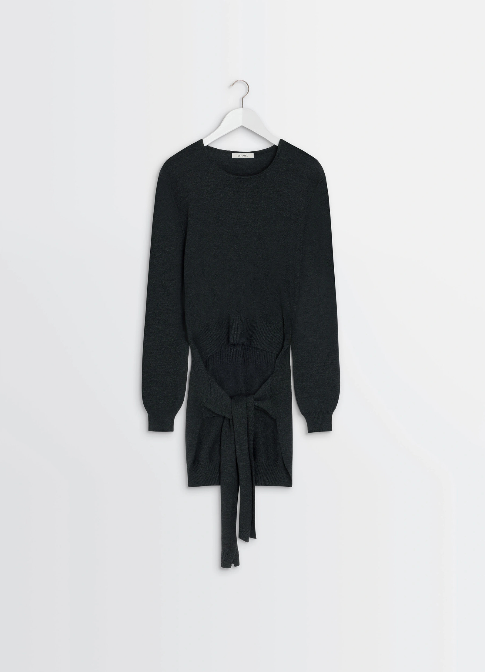 Lemaire trompe loeil jumper in blended merino wool, product shot, hanger display view long sleeves, tie-front