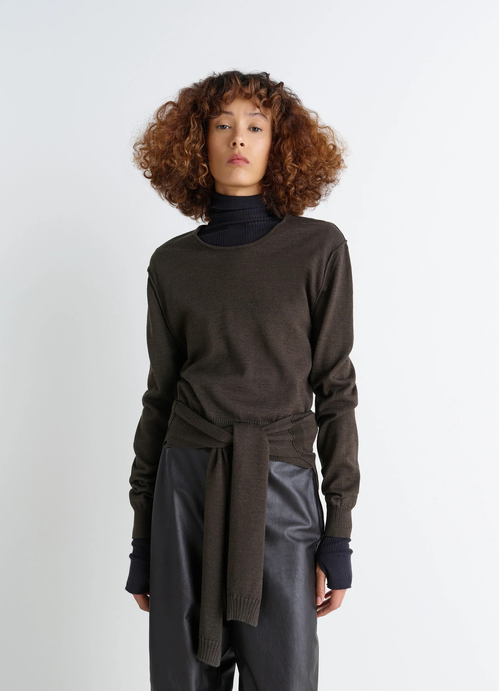 Trompe loeil crew neck jumper in blended merino wool, model shot, front view sweater-style tie-around