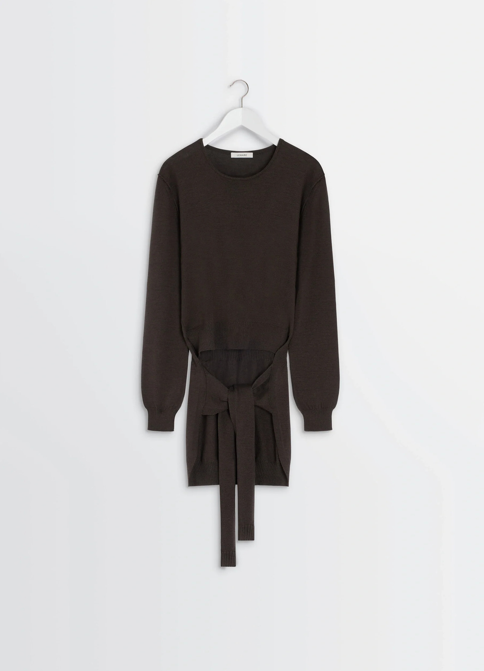 Trompe loeil crew neck jumper in blended merino wool, product shot, hanger display view waist wrap tie detail