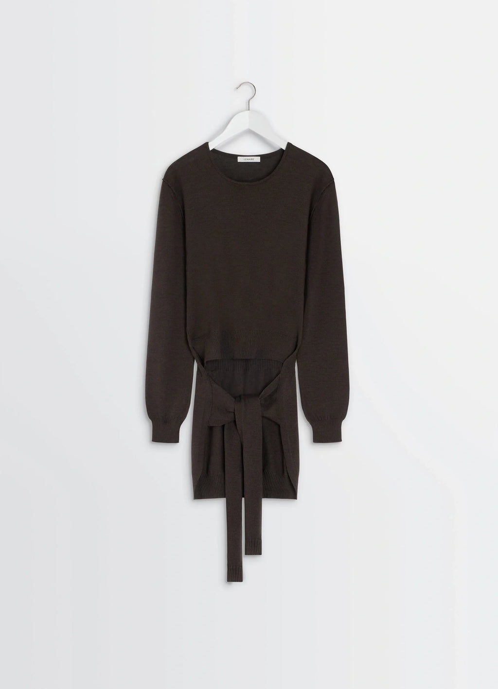 Trompe lOeil Crew Neck Jumper in Blended Merino Wool, product shot, hanger display view waist wrap tie detail