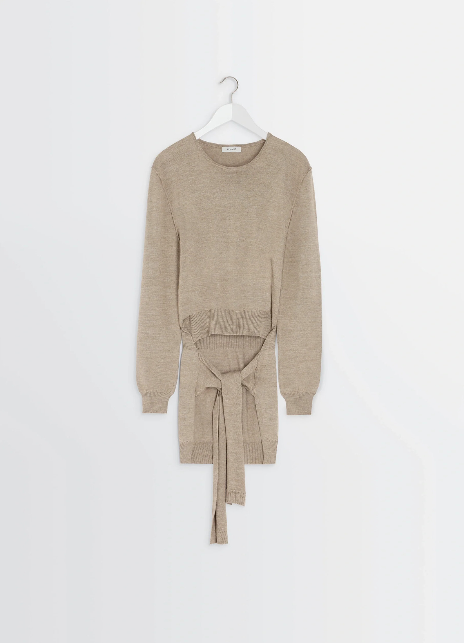 Lemaire trompe loeil crew neck jump in beige blended merino wool, product shot, hanging flat view sweater tie-around at back