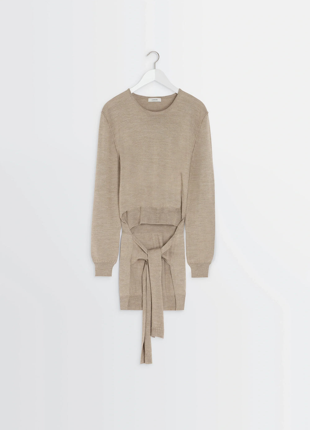 Lemaire Trompe LOeil Crew Neck Jump in Beige Blended Merino Wool, product shot, hanging flat view sweater tie-around at back