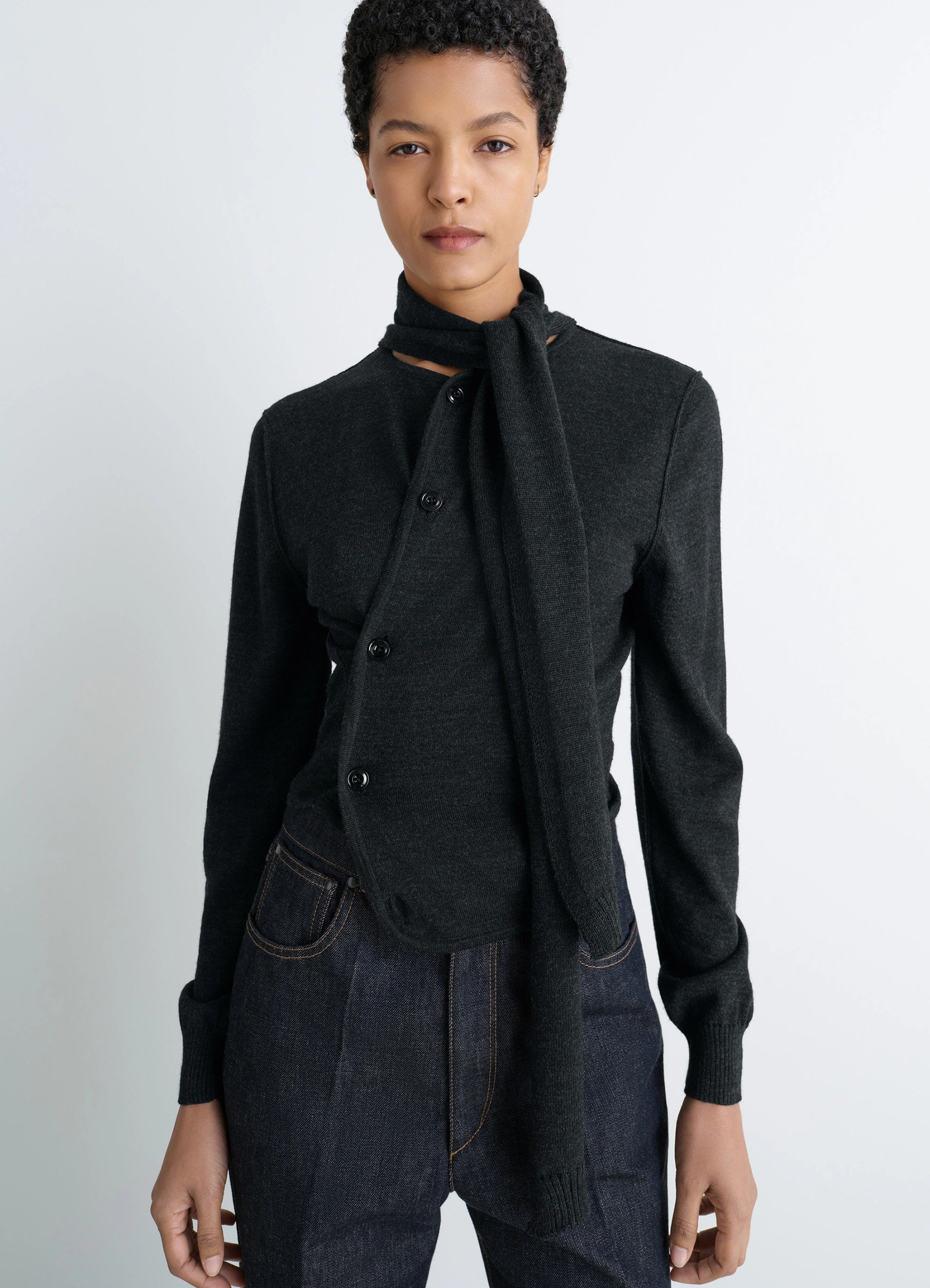 TWISTED CARDIGAN WITH SCARF IN MERINO BLEND - Anthracite - Merino TWISTED CARDIGAN WITH SCARF IN MERINO BLEND - Anthracite - Merino