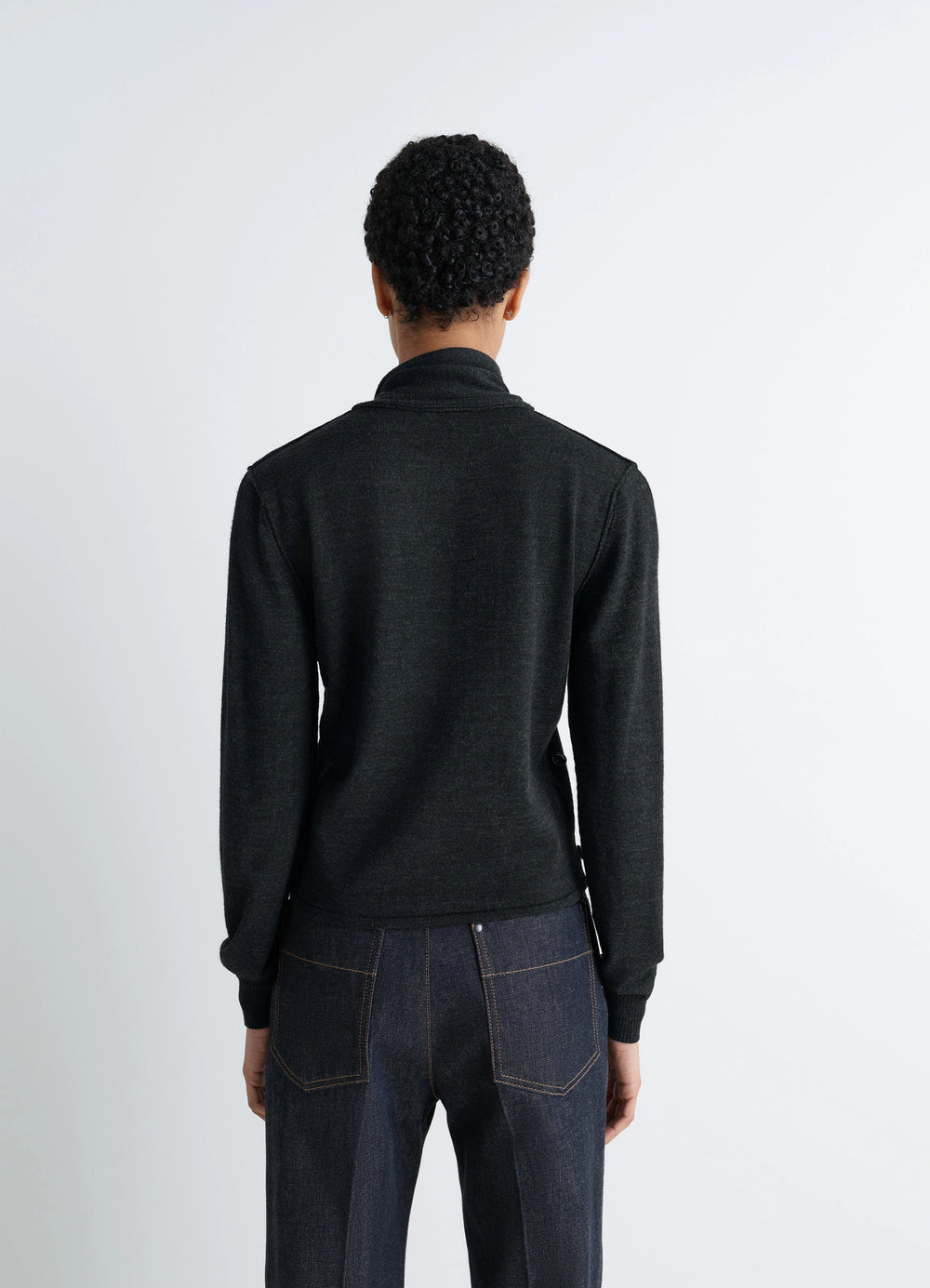 Lemaire Twisted Cardigan with Scarf in Merino Wool Blend, model shot, back view straight cuffs visible
