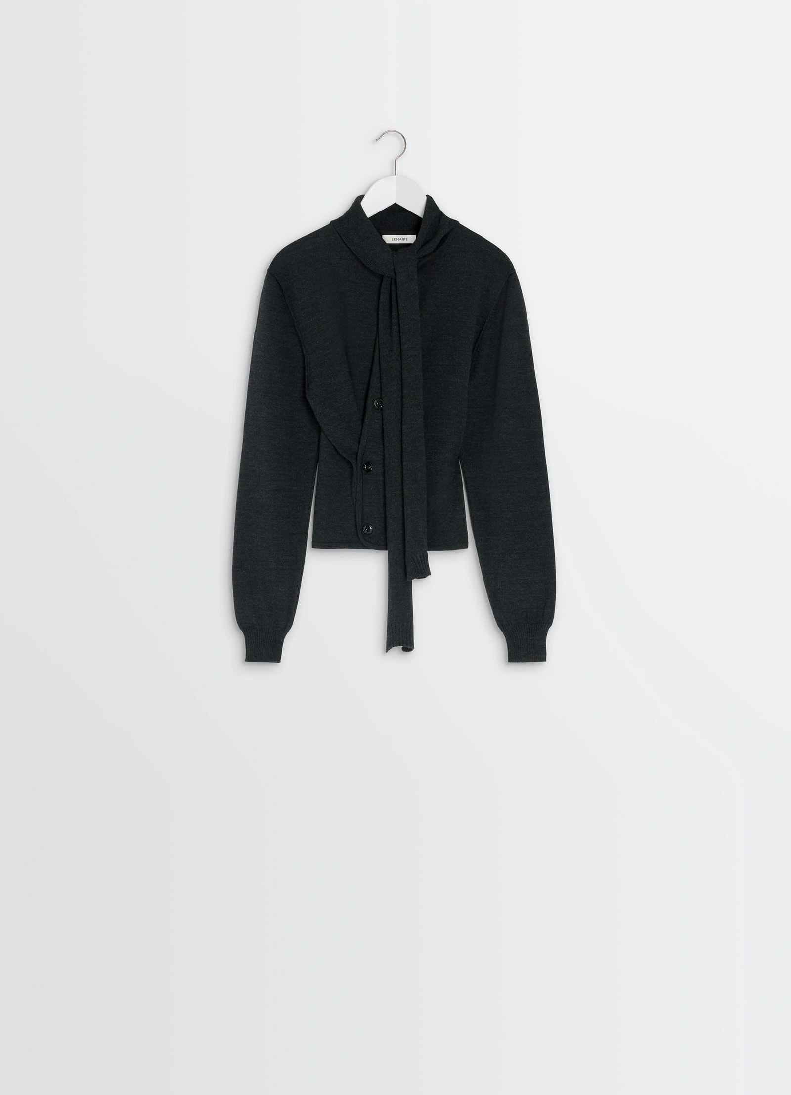 Lemaire twisted cardigan with scarf in merino wool blend, product shot, hanging full view long scarf detail visible