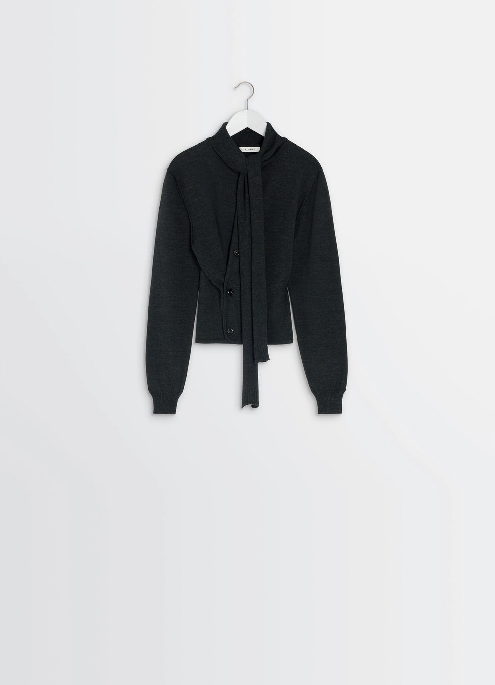 Lemaire Twisted Cardigan with Scarf in Merino Wool Blend, product shot, hanging full view long scarf detail visible