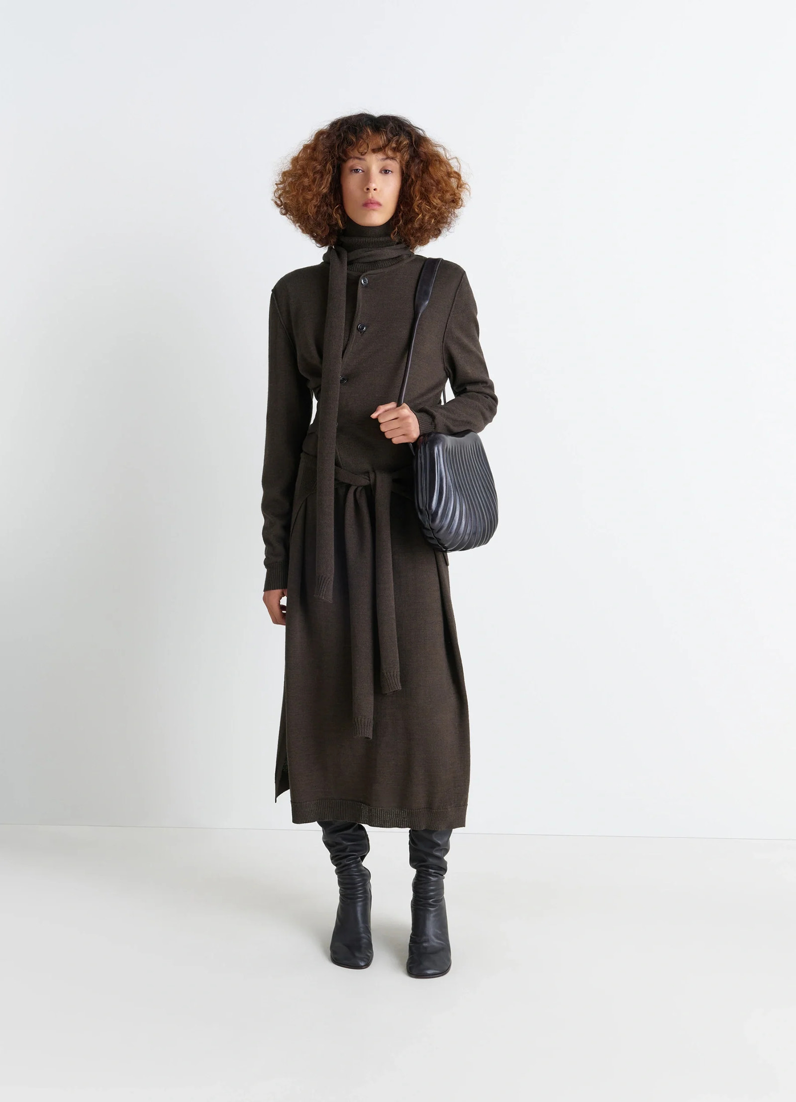 Lemaire twisted cardigan in blended merino wool, model shot, front view integrated scarf