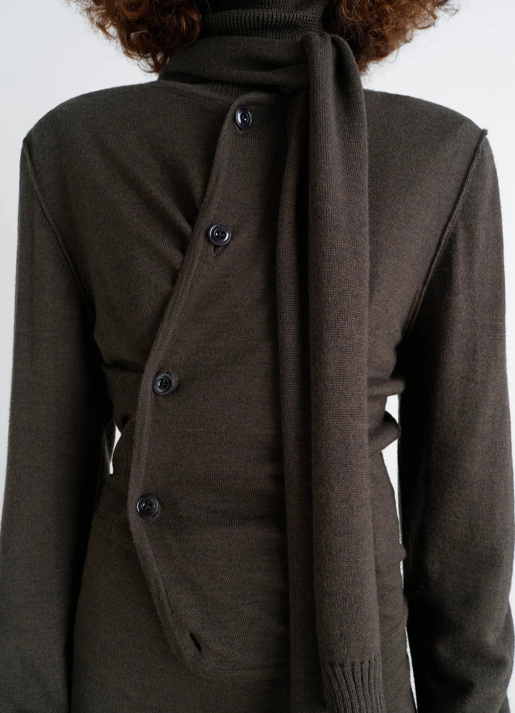 Lemaire Twisted Cardigan in Blended Merino Wool, model shot, close-up angle integrated scarf detail