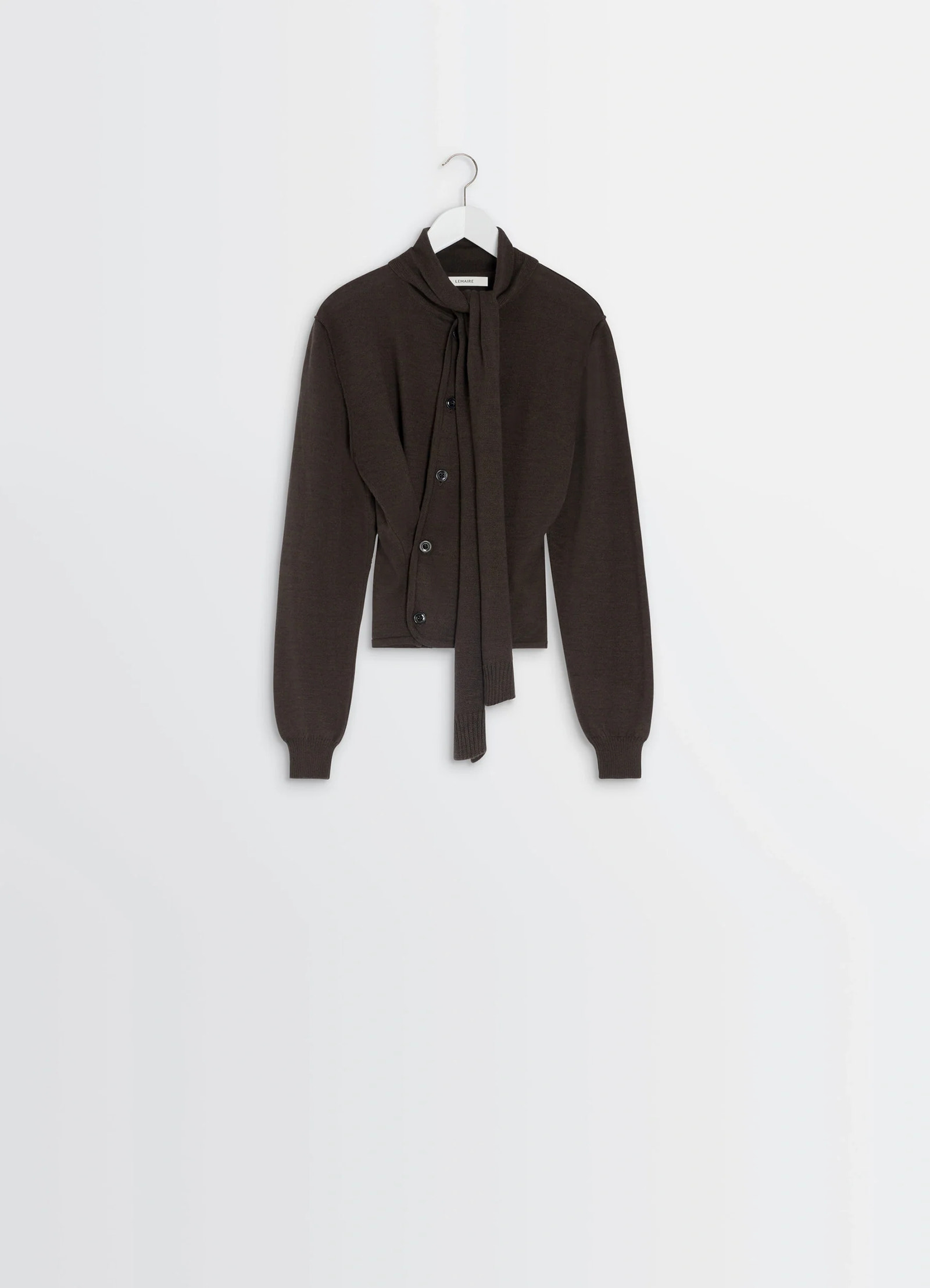 Lemaire twisted cardigan in blended merino wool, product shot, hanging front view central button placket