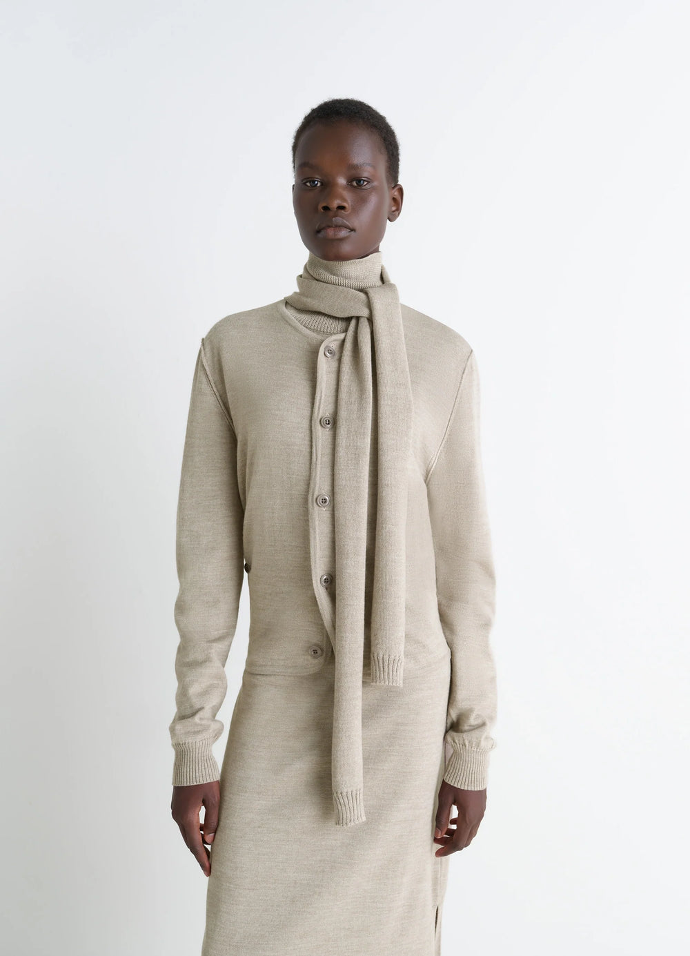 Twisted Cardigan with Scarf in Blended Merino Wool, model shot, Front view Asymmetrical button placket