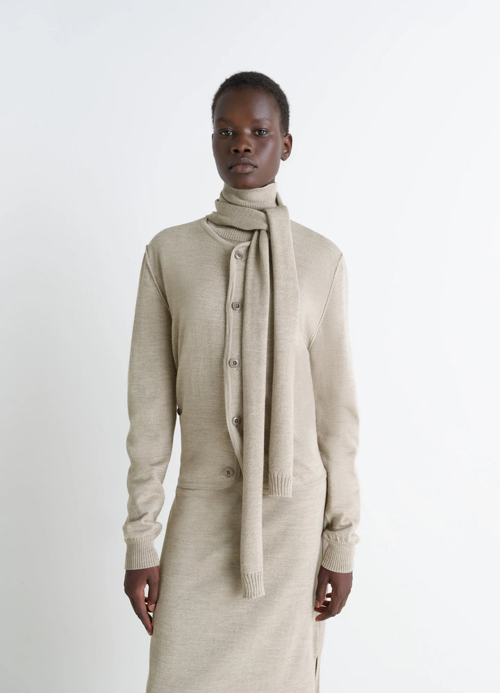 Twisted Cardigan with Scarf in Blended Merino Wool, model shot, Front view Asymmetrical button placket