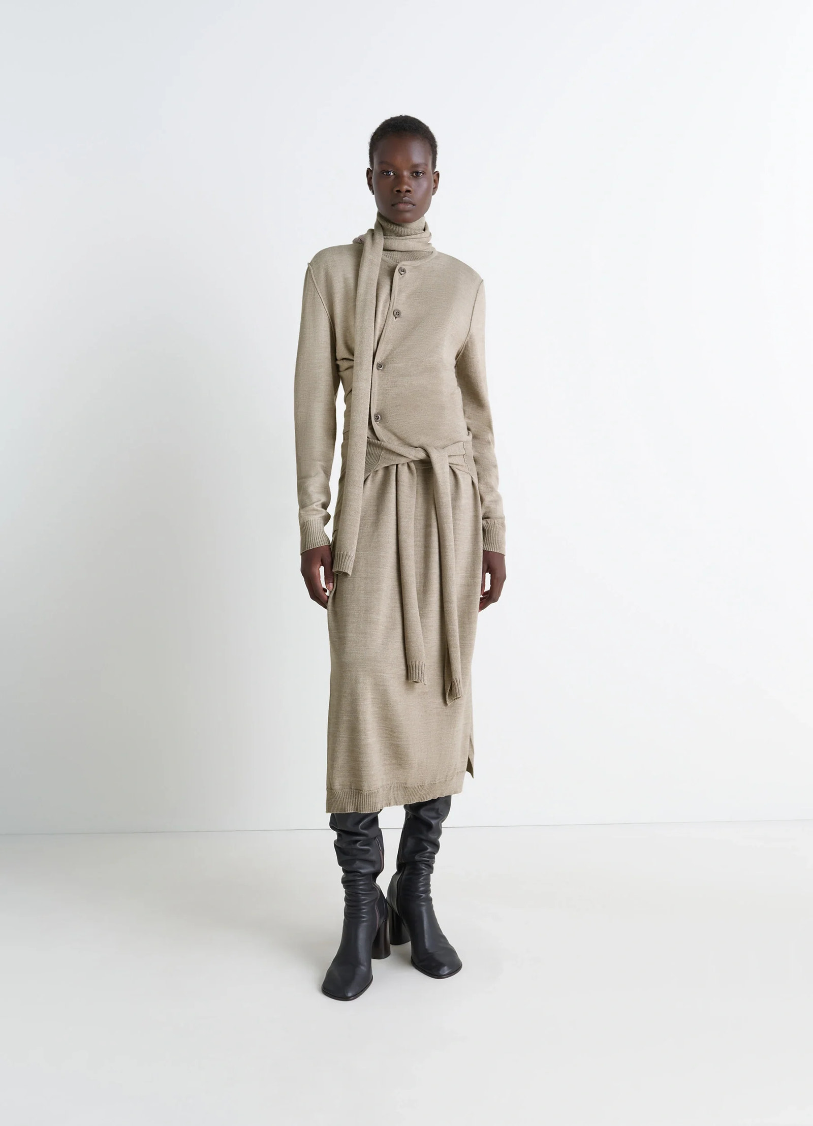Twisted cardigan with scarf in blended merino wool, model shot, three-quarter front view integrated scarf tie