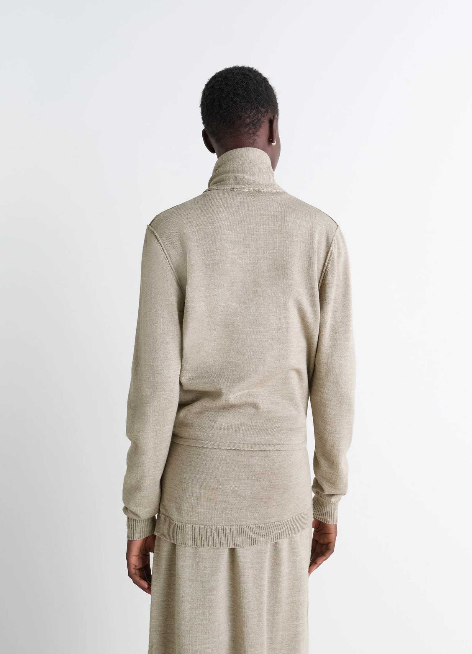 Twisted cardigan with scarf in blended merino wool, model shot, back view ribbed cuffs and hem