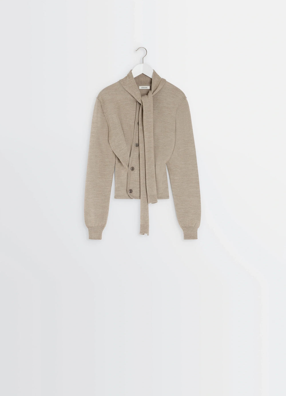 Twisted Cardigan with Scarf in Blended Merino Wool, product shot, hanging front view scarf tied over front