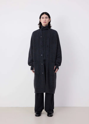 Lemaire long cardigan in dark lambswool, model shot, front view knee-length, robe-inspired